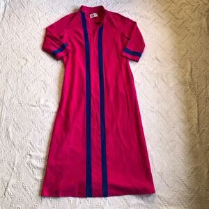 VTG Vanity Fair Fuchsia Velour Zip-Front Housecoat Robe S Mod Navy Racing Stripe